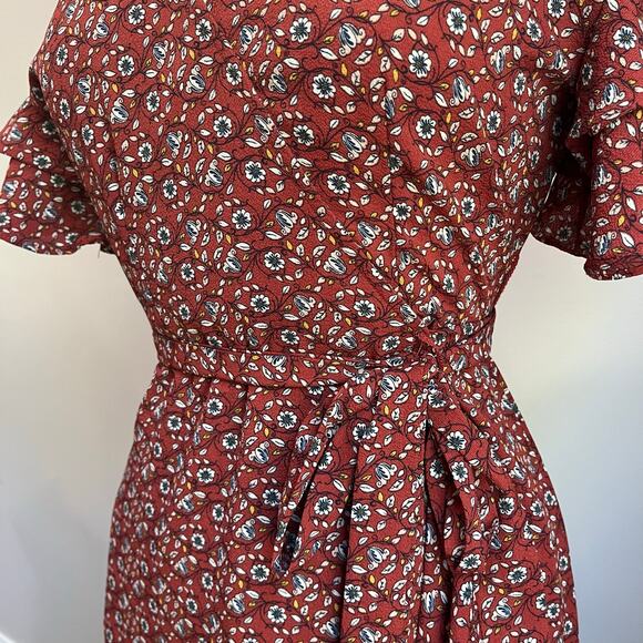Max Studio Women's Red Floral Midi Ruffle Wrap Dress Size Small - Picture 4 of 11